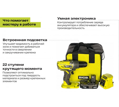 Компактная дрель-шуруповерт Ryobi ONE+ R18DD3-113S 5133003350