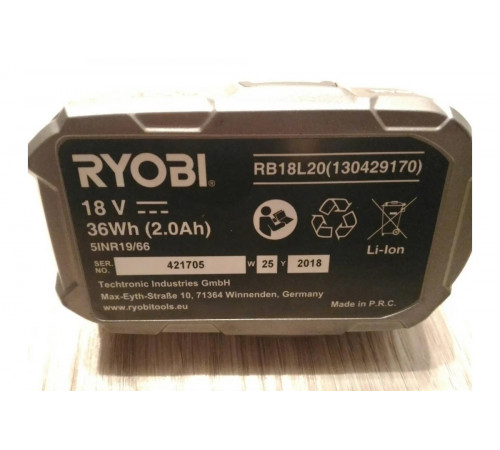 Аккумулятор (18 В, LI-ION, 2.0 Ач) ONE+ RB18L20 Ryobi 5133002737