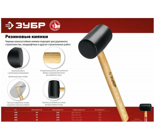 ЗУБР 900 г, чёрная резиновая киянка с деревянной рукояткой 2050-90_z02 Мастер