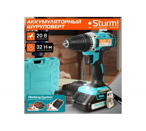 Аккумуляторная дрель Sturm 20 В, 1BatterySystem, 2 акк., 2,0 Ач, кейс CD3620 Аккумуляторная дрель Sturm 20 В, 1BatterySystem, 2 акк., 2,0 Ач, кейс CD3620