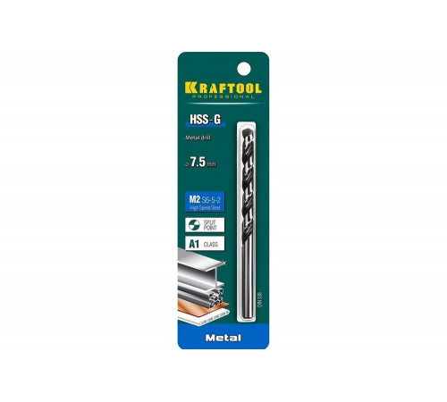 KRAFTOOL Ø 7.5 х 109 мм, HSS-G, сталь М2 (S6-5-2), класс A, сверло по металлу 29651-7.5 Pro KRAFTOOL Ø 7.5 х 109 мм, HSS-G, сталь М2 (S6-5-2), класс A, сверло по металлу 29651-7.5 Pro