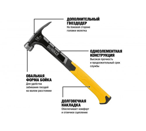 Молоток DEWALT одноэлементный, с прямым гвоздодером, 454 г DWHT0-51048