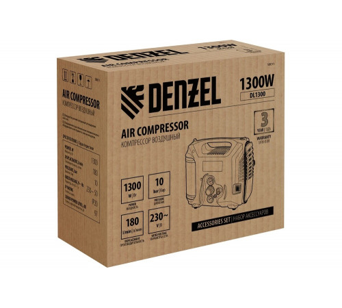 Воздушный компрессор Denzel dl1300, 10 бар, 1,3 квт, 180 л/мин, 5 л, с набором аксессуаров 58011 Воздушный компрессор Denzel dl1300, 10 бар, 1,3 квт, 180 л/мин, 5 л, с набором аксессуаров 58011