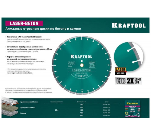 Диск алмазный отрезной KRAFTOOL Laser-beton по бетону и камню, 400 мм 36686-400 Диск алмазный отрезной KRAFTOOL Laser-beton по бетону и камню, 400 мм 36686-400