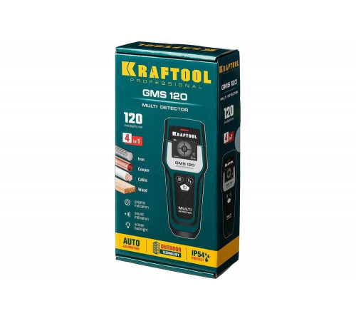 KRAFTOOL черный металл 120 мм, цветной металл 80 мм, проводка 50 мм, дерево 20 мм, детектор универсальный GMS 120 45298 KRAFTOOL черный металл 120 мм, цветной металл 80 мм, проводка 50 мм, дерево 20 мм, детектор универсальный GMS 120 45298