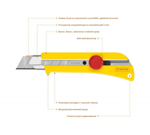STAYER 25 мм, сегментированное лезвие, винтовой фиксатор, нож SK-25 09173_z01 STAYER 25 мм, сегментированное лезвие, винтовой фиксатор, нож SK-25 09173_z01