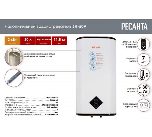 Накопительный водонагреватель Ресанта ВН-50А 74/5/14 Накопительный водонагреватель Ресанта ВН-50А 74/5/14