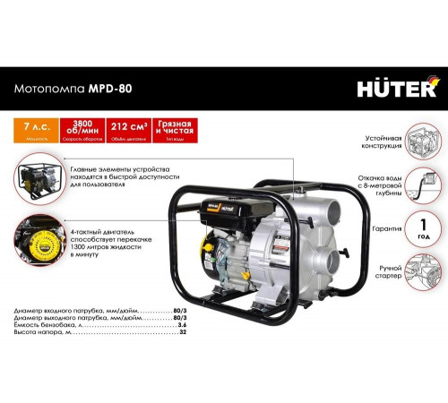 Мотопомпа HUTER MPD-80 для грязной воды Мотопомпа HUTER MPD-80 для грязной воды