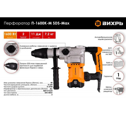 Перфоратор ВИХРЬ П-1600К-М Перфоратор ВИХРЬ П-1600К-М