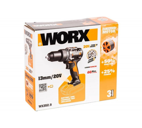 Ударная аккумуляторная дрель-шуруповерт WORX 60 Нм, 20 В, бесщеточная, без АКБ и ЗУ WX352.9 Ударная аккумуляторная дрель-шуруповерт WORX 60 Нм, 20 В, бесщеточная, без АКБ и ЗУ WX352.9