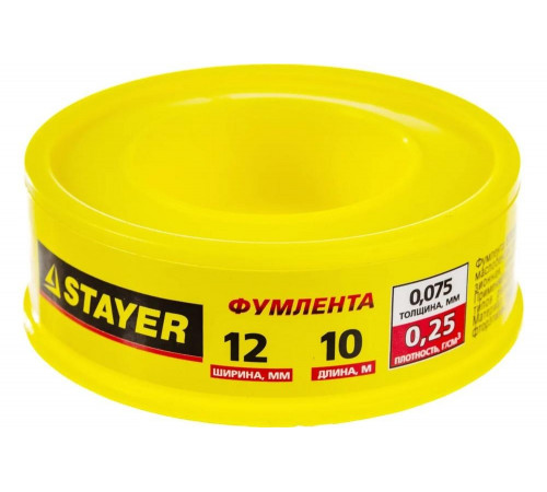 STAYER толщина 0,075 мм, плотность 0,25 г/см3, ширина 12 мм, фум лента 12360-12-025 STAYER толщина 0,075 мм, плотность 0,25 г/см3, ширина 12 мм, фум лента 12360-12-025