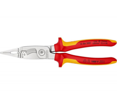 Электромонтажные клещи Knipex VDE, 6-в-1, 200 мм, диэлектрические, хром, 2К ручки, KN-1386200SB Электромонтажные клещи Knipex VDE, 6-в-1, 200 мм, диэлектрические, хром, 2К ручки, KN-1386200SB