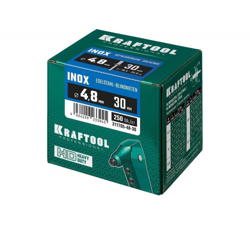 KRAFTOOL 4.8 х 30 мм, 250 шт., нержавеющие заклепки Inox 311705-48-30 KRAFTOOL 4.8 х 30 мм, 250 шт., нержавеющие заклепки Inox 311705-48-30