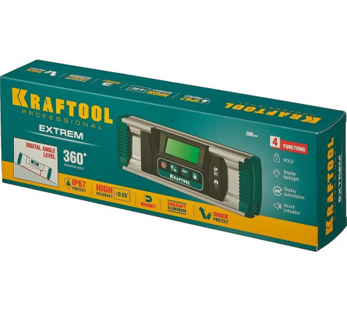 KRAFTOOL диапазон 0-360°, HOLD, подсветка экрана, IP67, точность 0.05°, уровень-уклономер электронный EXTREM 34686 KRAFTOOL диапазон 0-360°, HOLD, подсветка экрана, IP67, точность 0.05°, уровень-уклономер электронный EXTREM 34686