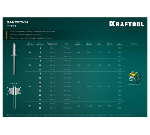 KRAFTOOL 4.8 х 16 мм, 500 шт., стальные заклепки Steel 311703-48-16 KRAFTOOL 4.8 х 16 мм, 500 шт., стальные заклепки Steel 311703-48-16