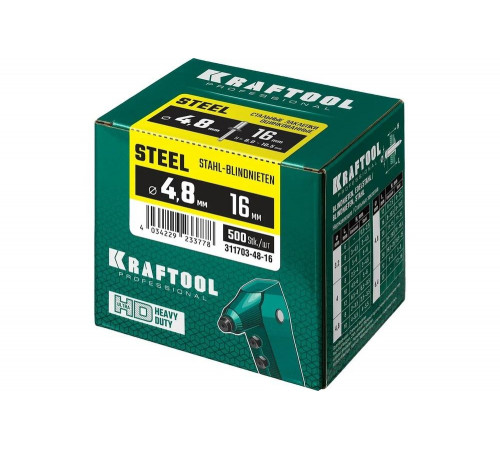 KRAFTOOL 4.8 х 16 мм, 500 шт., стальные заклепки Steel 311703-48-16 KRAFTOOL 4.8 х 16 мм, 500 шт., стальные заклепки Steel 311703-48-16