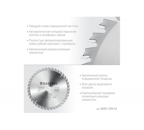 Диск пильный по дереву KRAFTOOL Optima 250x32 мм, 40Т 36951-250-32