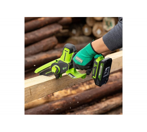 Цепная мини пила аккумуляторная GreenWorks 24V, 10см, c 1хАКБ 2Ач с USB и ЗУ 2008207USB2 Цепная мини пила аккумуляторная GreenWorks 24V, 10см, c 1хАКБ 2Ач с USB и ЗУ 2008207USB2