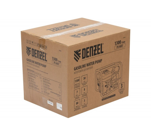 Мотопомпа бензиновая для грязной воды Denzel PX-80D7, 7 л.с., 3", 1300 л/мин, глуб 8 м, напор 30 м 99206 Мотопомпа бензиновая для грязной воды Denzel PX-80D7, 7 л.с., 3", 1300 л/мин, глуб 8 м, напор 30 м 99206