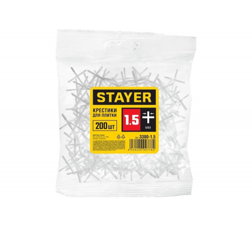 STAYER 1.5 мм, Х-образные, 200 шт., крестики для кафельной плитки 3380-1,5 STAYER 1.5 мм, Х-образные, 200 шт., крестики для кафельной плитки 3380-1,5