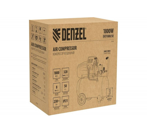 Воздушный компрессор Denzel прямой привод, dcv1800/50, 1,8 квт, 50 литров, 320 л/мин 58168 Воздушный компрессор Denzel прямой привод, dcv1800/50, 1,8 квт, 50 литров, 320 л/мин 58168
