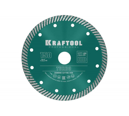 KRAFTOOL Ø 150Х22.2 мм, алмазный, сегментный, по армированному бетону, кирпичу диск отрезной TURBO 36682-150