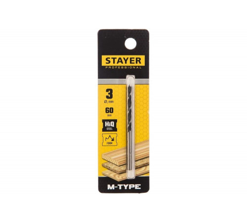 STAYER d=3 х 60/30 мм, М-образная заточка, сталь HCS, спиральное сверло по дереву "M-type" 2942-060-03_z02 STAYER d=3 х 60/30 мм, М-образная заточка, сталь HCS, спиральное сверло по дереву "M-type" 2942-060-03_z02