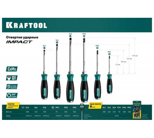 KRAFTOOL SL8х150 мм, отвертка ударная Impact 250033-8