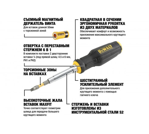 Отвертка со сменными вставками DEWALT 6 шт DWHT0-66569
