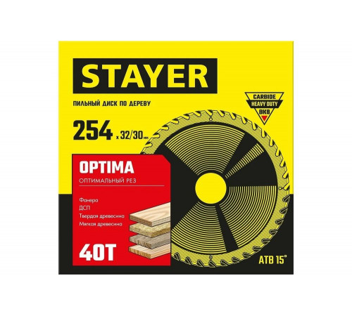 STAYER OPTIMA 254 x 32/30мм 40Т, диск пильный по дереву, оптимальный рез