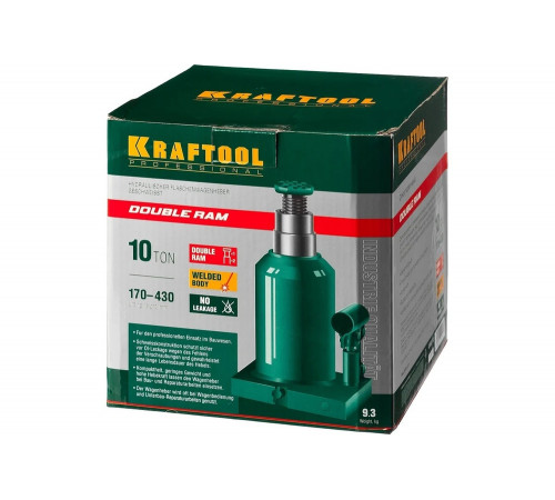 KRAFTOOL 10 т, 170-430 мм, домкрат гидравлический бутылочный сварной телескопический Double Ram 43463-10