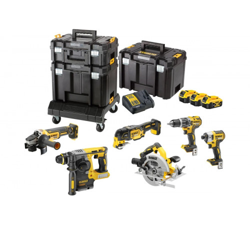 Набор электроинструмента Dewalt 18 В: перфоратор + дисковая пила + УШМ + дрель + шуруповерт + реноватор, с 3 АКБ 5 Ач и ЗУ, в 3 кейсах TSTAK, DCK685P3T DCK685P3T-QW