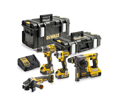 Набор аккумуляторный Dewalt DCK422P3, 18 В: дрель-шуруповерт DCD796 + шуруповерт DCF887 + УШМ DCG405 + перфоратор DCH273, с 3 АКБ 5 Ач и ЗУ, в 2 кейсах DCK422P3-QW