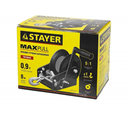 STAYER 0,9 т, 8 м, тяговая, тросовая, лебедка ручная барабанная MAXPull 43112-0.9