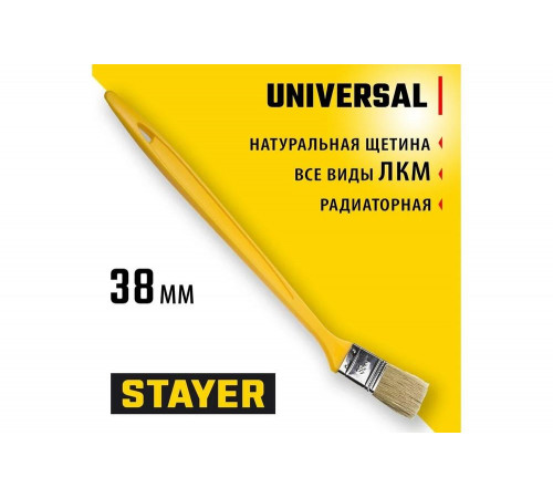 STAYER 38 мм, 1,5", щетина натуральная, пластмассовая ручка, кисть радиаторная UNIVERSAL 0110-38_z01 STAYER 38 мм, 1,5", щетина натуральная, пластмассовая ручка, кисть радиаторная UNIVERSAL 0110-38_z01