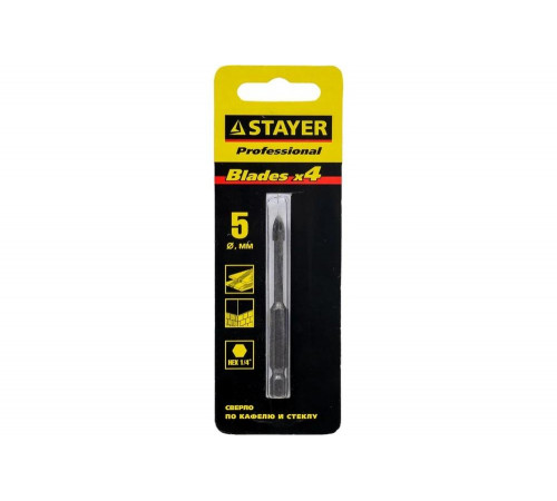 STAYER  5 мм, 4-х резцовый, шестигранный хвостовик, сверло по стеклу и кафелю 2985-05_z01