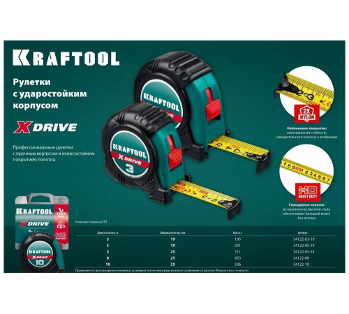 KRAFTOOL 3 м х 19 мм, ударостойкий обрезиненный корпус, рулетка X-Drive 34122-03-19_z02 KRAFTOOL 3 м х 19 мм, ударостойкий обрезиненный корпус, рулетка X-Drive 34122-03-19_z02