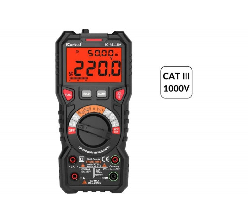 Цифровой мультиметр iCartool CATIII 1000V, СATIV 600V, TrueRMS, AC/DC IC-M118A  0.3, 130мм,  210мм, 70мм, Арт. IC-M118A