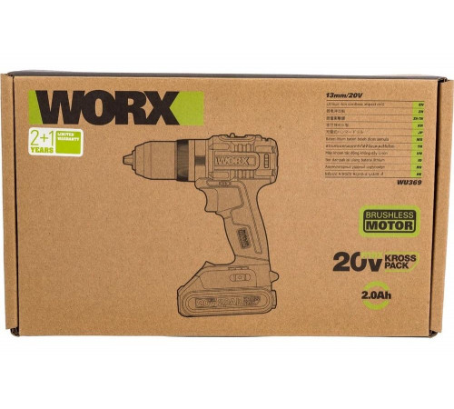 Аккумуляторная дрель-шуруповерт WORX Professional ударный, бесщеточный 20В, 60Нм, 2Ач х2, ЗУ 2 Ач, сумка WU369 Аккумуляторная дрель-шуруповерт WORX Professional ударный, бесщеточный 20В, 60Нм, 2Ач х2, ЗУ 2 Ач, сумка WU369