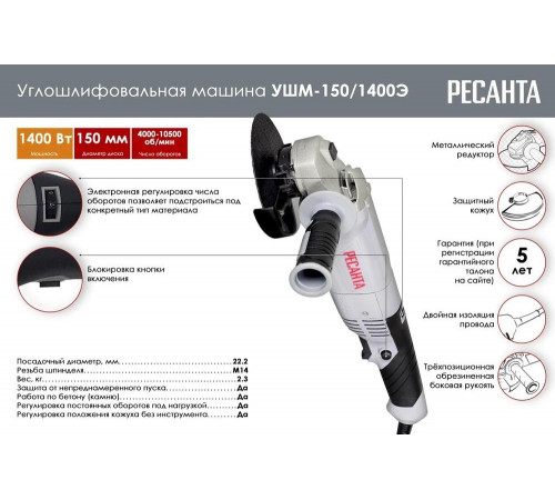 Углошлифовальная машина УШМ-150/1400Э Ресанта (болгарка)