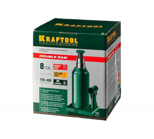 KRAFTOOL 8 т, 170-430 мм, домкрат гидравлический бутылочный сварной телескопический Double Ram 43463-8 KRAFTOOL 8 т, 170-430 мм, домкрат гидравлический бутылочный сварной телескопический Double Ram 43463-8