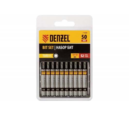 Набор бит TORX T15, 50 мм, сталь S2, шестигранный профиль, 10 шт Denzel 11668 Набор бит TORX T15, 50 мм, сталь S2, шестигранный профиль, 10 шт Denzel 11668