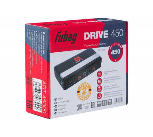 Пусковое устройство FUBAG drive 450, ток запуска 450а, емкость аккумулятора 12000 мач type c 46309