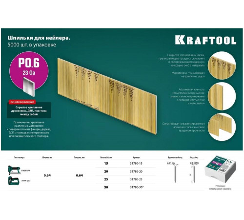 KRAFTOOL P0.6, 25 мм, 10000 шт, шпильки(гвозди) для пневматического нейлера 31786-25 KRAFTOOL P0.6, 25 мм, 10000 шт, шпильки(гвозди) для пневматического нейлера 31786-25