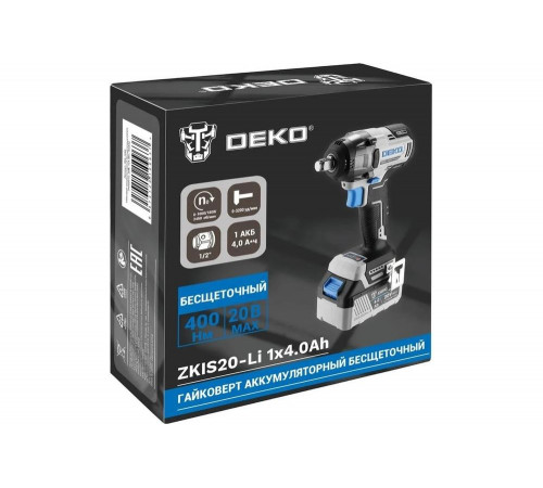 Аккумуляторный бесщеточный гайковерт DEKO ZKIS20-Li, 20 В, 1x4.0 Ач, 400 Нм 084-1046 Аккумуляторный бесщеточный гайковерт DEKO ZKIS20-Li, 20 В, 1x4.0 Ач, 400 Нм 084-1046