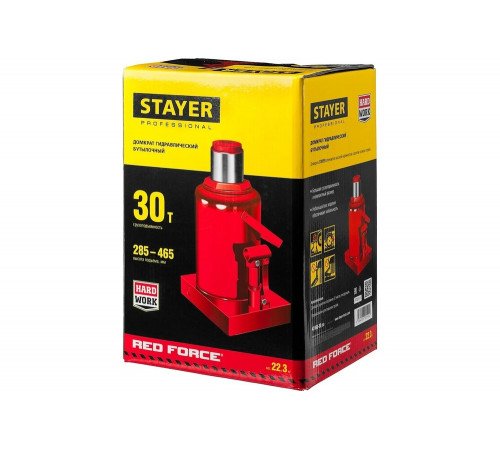 STAYER 30 т, 285-465 мм, домкрат бутылочный гидравлический RED FORCE 43160-30_z01 Professional