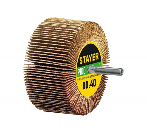 Круг шлифовальный лепестковый STAYER на шпильке, P100, 80x40 мм STAYER 36609-100 Круг шлифовальный лепестковый STAYER на шпильке, P100, 80x40 мм STAYER 36609-100