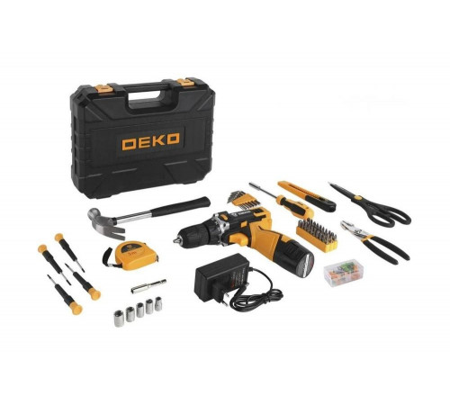 Аккумуляторная дрель DEKO DKCD12FU-Li в кейсе + набор инструментов для дома 104 шт, 12В, 1x2.0 Ач, 063-4112 Аккумуляторная дрель DEKO DKCD12FU-Li в кейсе + набор инструментов для дома 104 шт, 12В, 1x2.0 Ач, 063-4112