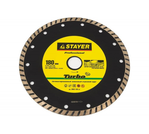 STAYER Ø 180х22.2 мм, алмазный, сегментный, круг отрезной для УШМ TURBO-Pro 3662-180_z01 Professional STAYER Ø 180х22.2 мм, алмазный, сегментный, круг отрезной для УШМ TURBO-Pro 3662-180_z01 Professional