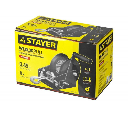 STAYER 0,5 т, 8 м, тяговая, тросовая, лебедка ручная барабанная MAXPull 43112-0.5